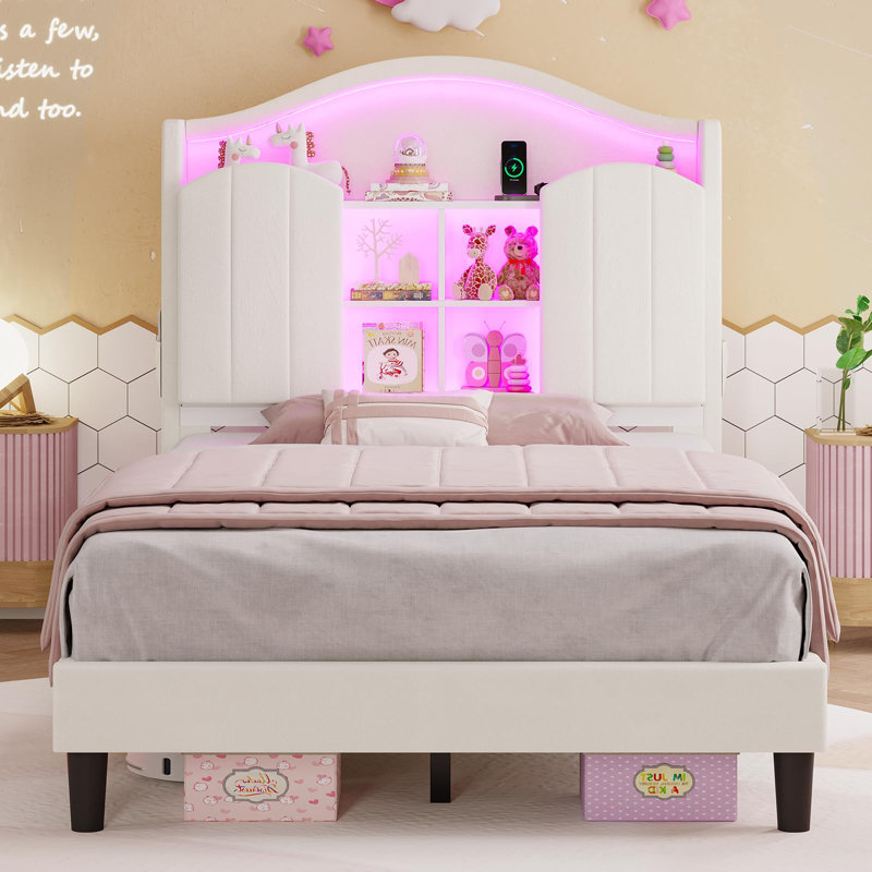 Twin Bed With Upholstered Storage Headboard, Princess Twin Platform Bed With Led Lights & Charging Station,No Box Spring Needed,Noise-Free
