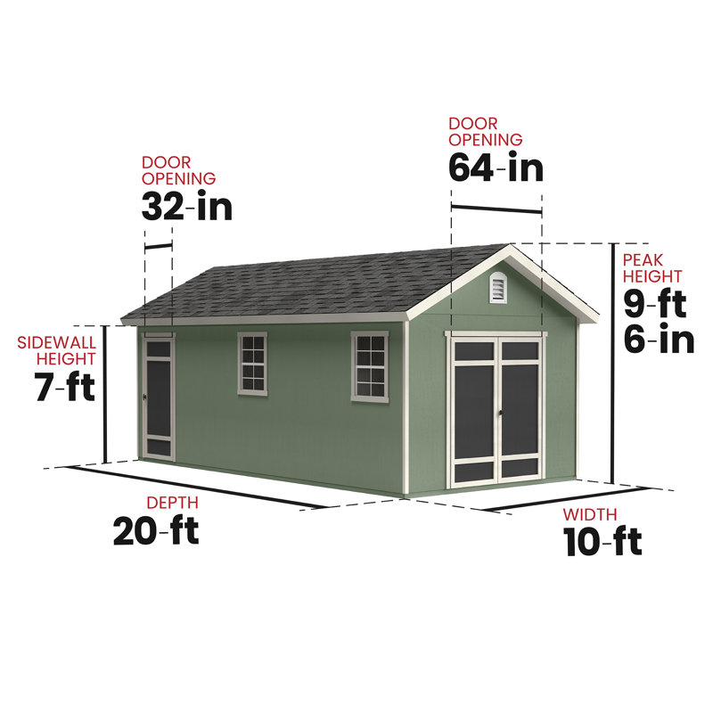 Fairfax Wood Storage Shed, 20 ft. W x 10 ft. D, With Floor (DIY Assembly), 20' L x 10' W, No