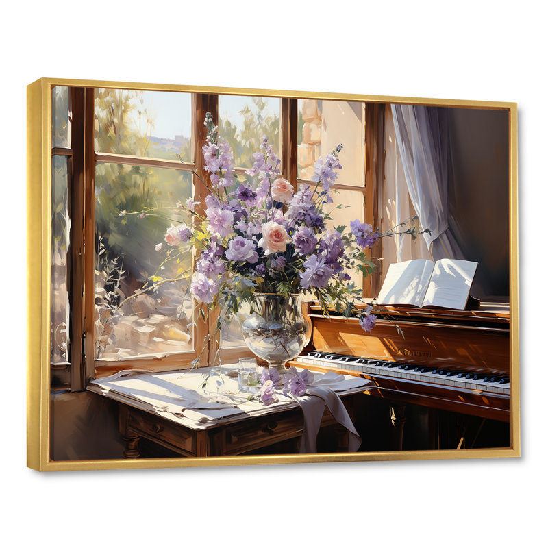 Piano, sérénade, fleurs mauves, bouquet I - assortiment de bouquets d'art mural, Cadre flottant doré