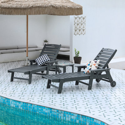 3-Piece Patio Lounge Chair Set With Side Table, Oversized Chaise Lounge With 5-Position Adjustable Backrest, HDPE, Cup Holders, Wheels (2 Chairs + 1 Table)