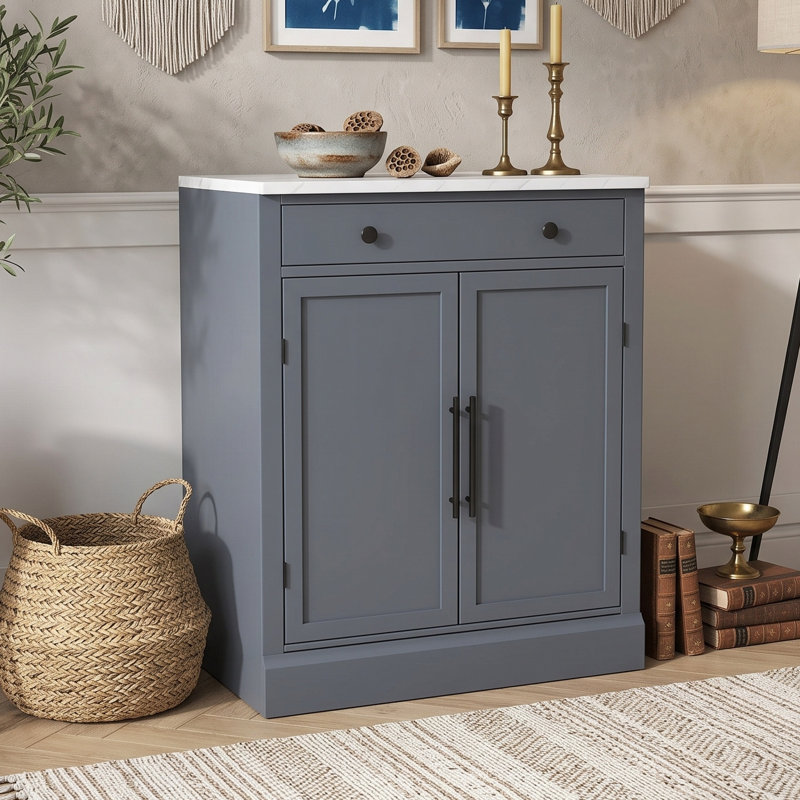 Modern Freestanding Wooden Sideboard with Faux Marble Top, Adjustable Shelves and Drawer, Gray/Black