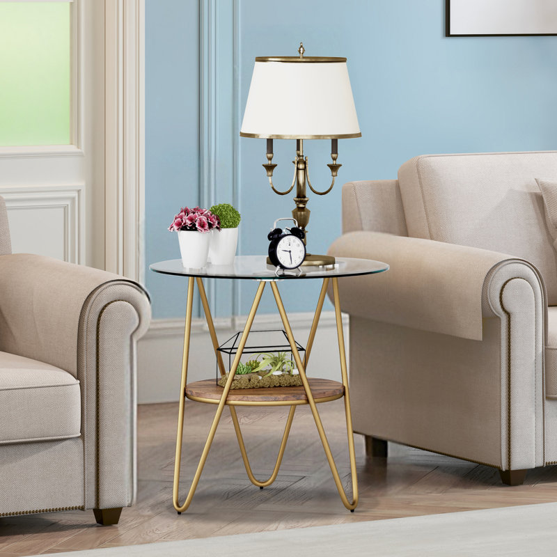 Table d'appoint ronde, table de bout en verre avec tablettes de rangement, Or