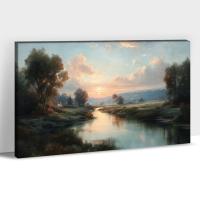 Large Mountain Cottage Canvas Wall Art, Spring Landscape Poster Painting with Wildflowers and River, Countryside Canvas Prints for Farmhouse or Living Room Wall Decor, Ready to Hang Options, 24×36 Inches