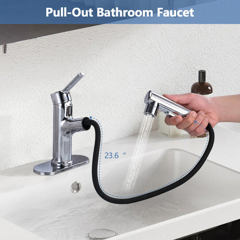 Single Handle Stainless Steel Bathroom Sink Faucet with Pull-Out Sprayer, Chrome