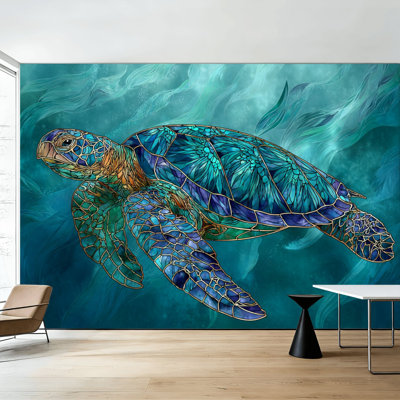Stained Glass Style Peel and Stick Wallpaper Teal Aquamarine Sea Turtle Stained Glass Coral Wall Murals 100"H x 144"W Removable PVC Wall Paper Self-Adhesive Wall Decor for Bedroom Living Room Home Office