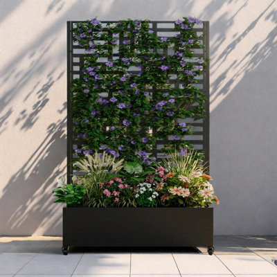 Lit de jardin surélevé en métal avec treillis, écran d'intimité, trous de drainage et roues