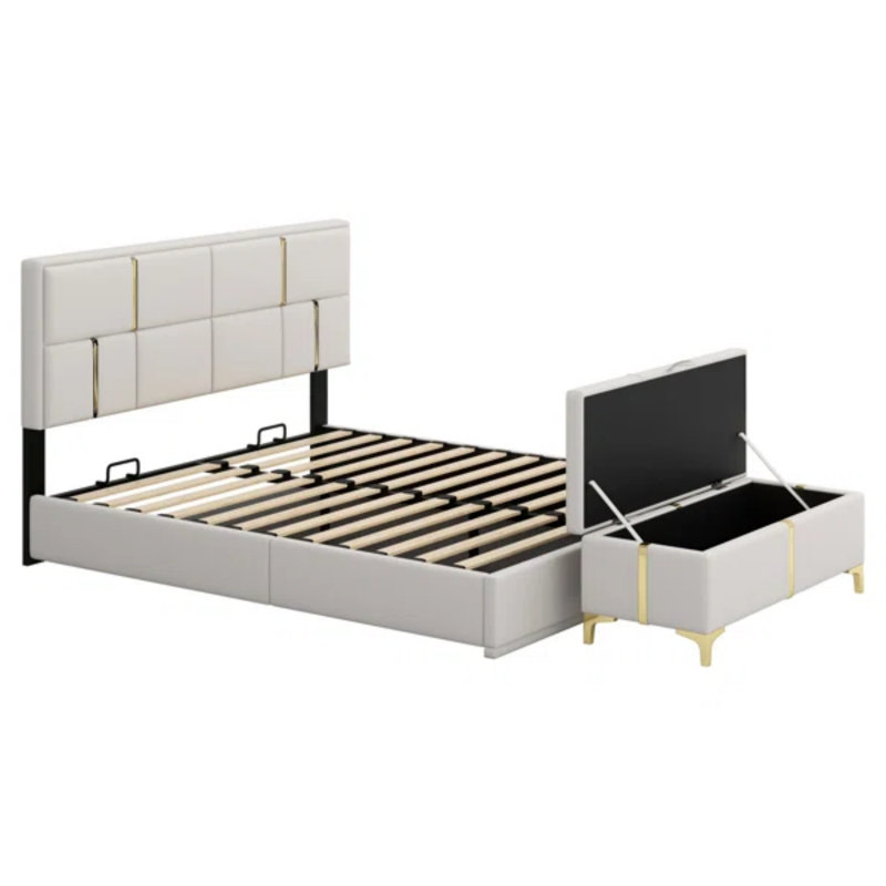 Lit plateforme tapissier avec système de rangement hydraulique, repose-pieds avec pieds en métal