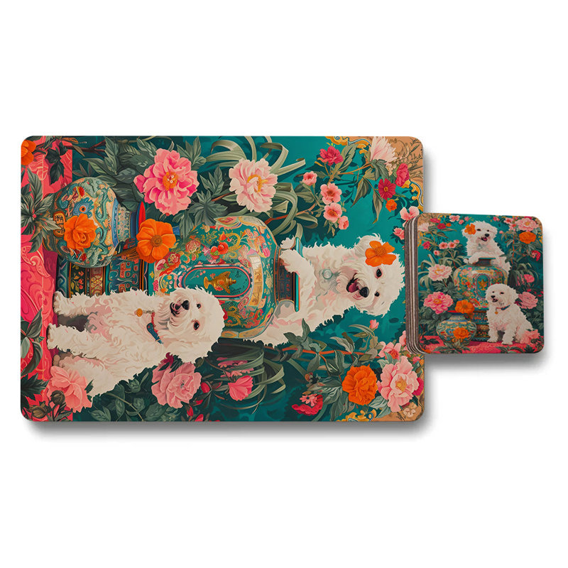 Designer Artwork Placemat And Coaster Set 12pc With Wood Bottom Exclusive Floral Scene