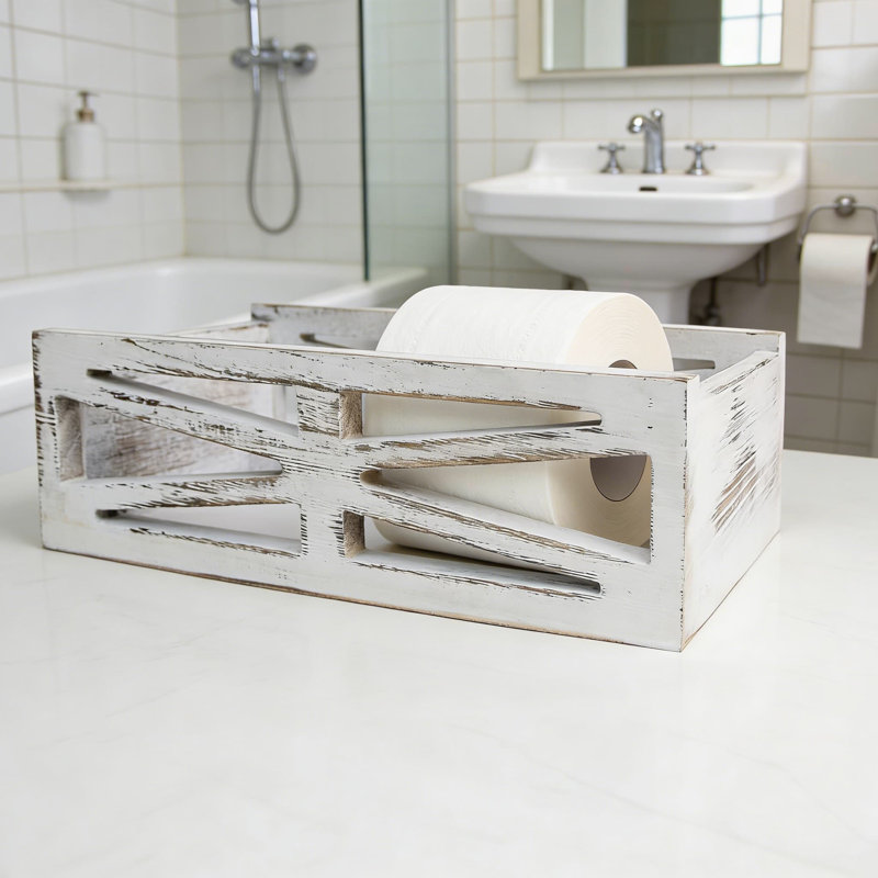 Farmhouse Wooden Bathroom Storage Box, Rustic Toilet Tank Organizer With Decorative Cut-Out Design For Toilet Paper And Bathroom Essentials