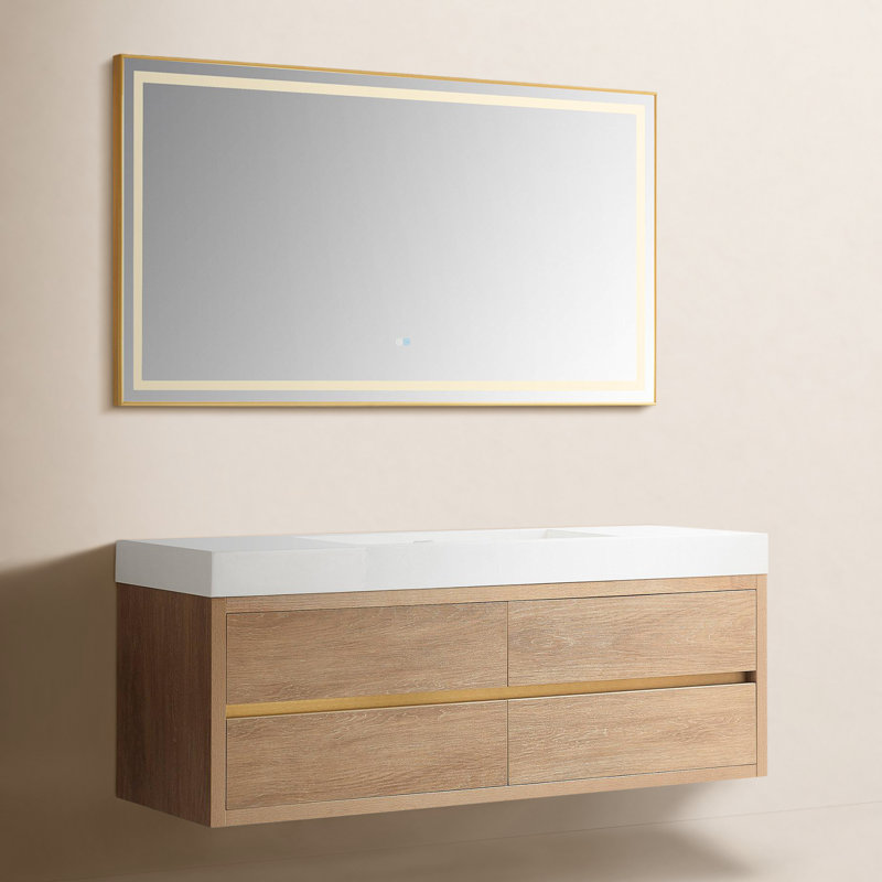 Ensemble de meuble-lavabo simple mural 60 "avec miroir Beira, Blanc, Finition chêne nord-américain