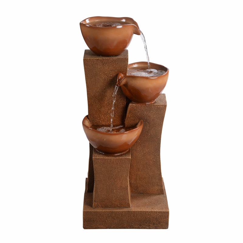 Jeany 28.54" Outdoor Water Fountain with LED Lights, Brown