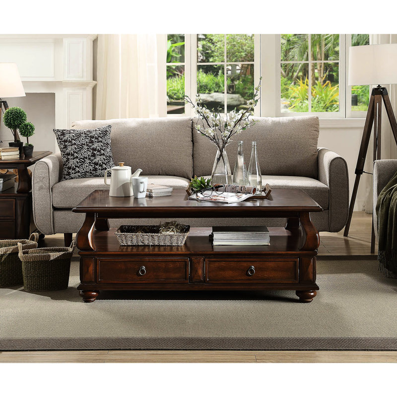 Table basse fonctionnelle en noyer, 4 tiroirs et tablette ouverte pour le rangement