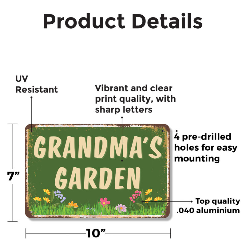 Enseigne de fantaisie en aluminium 7 po x 10 po Grandma's Garden
