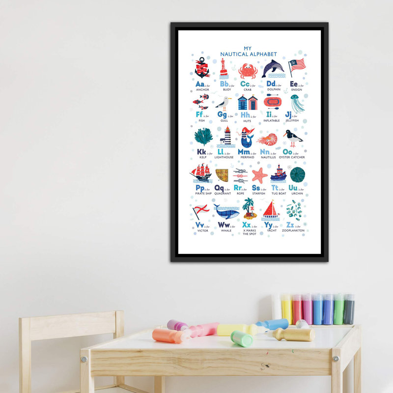 Nautical Alphabet - impression d'art graphique, Toile avec cadre noir patiné, Pas de tapis, H 40 po x l 26 po x P 1,5 po