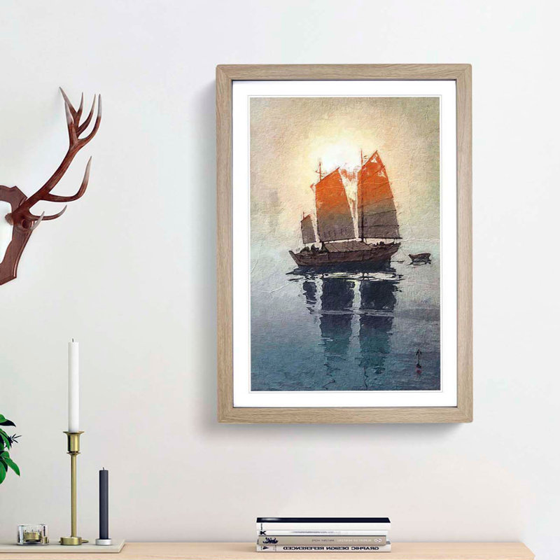 Sailing Boats Morning by Hiroshi Yoshida - Picture Frame Painting Print, 36cm H x 27cm W x 2cm D, Oak Framed
