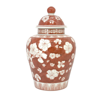 Rust Red & White Ceramic Chinoiserie Jar 12"