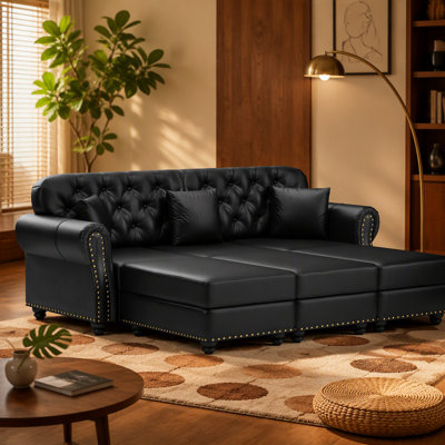 Mid-Century Modern Velvet Sofa with Nailhead Trim, Rolled Arms, and 3 Pillows, Brown
