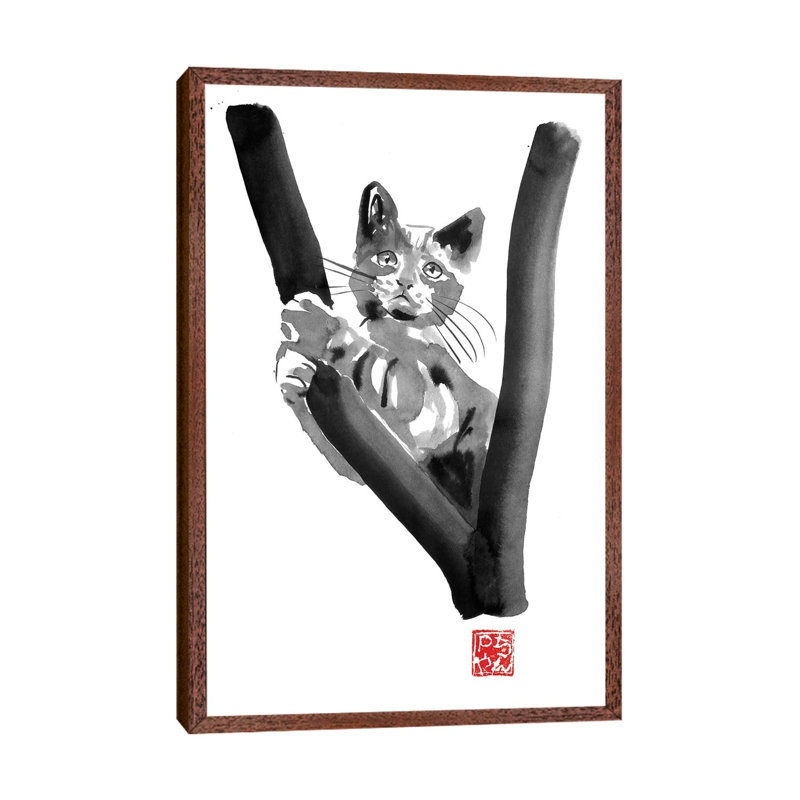 Cat In Tree by Péchane - Painting on Canvas, Classic Brown Wood Framed, 101.6 cm H x 66.04 cm W