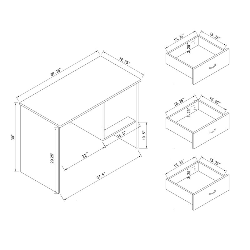 Bureau d'écriture pour bureau à domicile avec trois tiroirs verrouillables - glissières en métal et style modeste étudiant et panneau