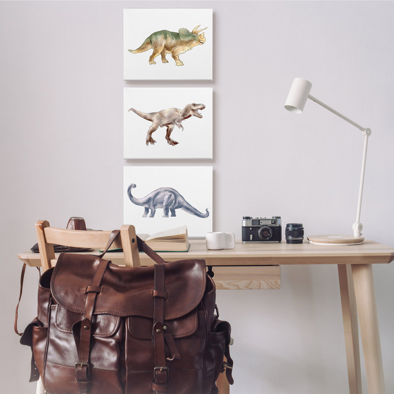 «Pre-Historic Dinosaurs Walking Fun» par Ziwei Li, ensemble de 3 peintures sur toiles, H 16 po x l 20 po, Toile tendue