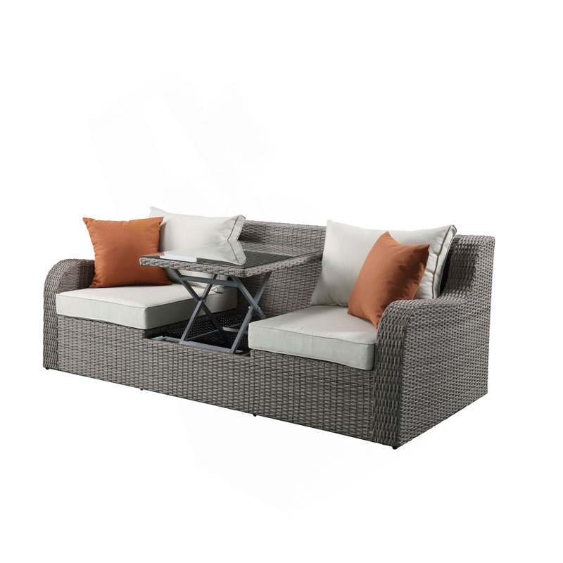 Canapé d'extérieur Salena en tissu beige et osier gris avec 2 coussins et 2 repose-pieds