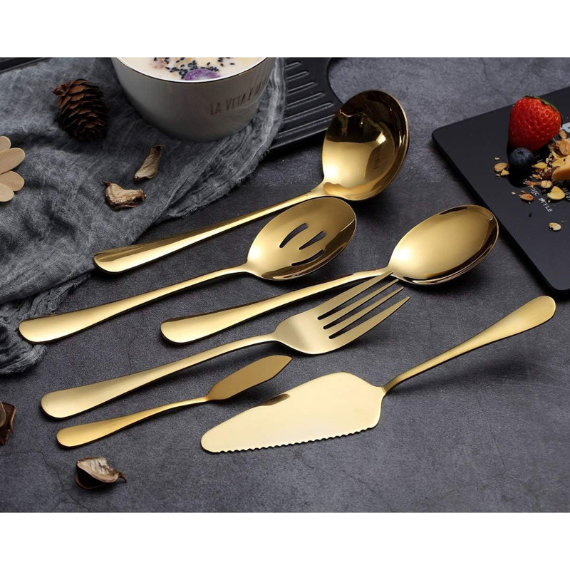 Ensemble de couverts 6 pièces, ensemble d'ustensiles de service en acier inoxydable, y compris un moule à gâteau, une cuillère à rainure, une cuillère de service, une fourchette à viande froide, un couteau à beurre, une louche à soupe