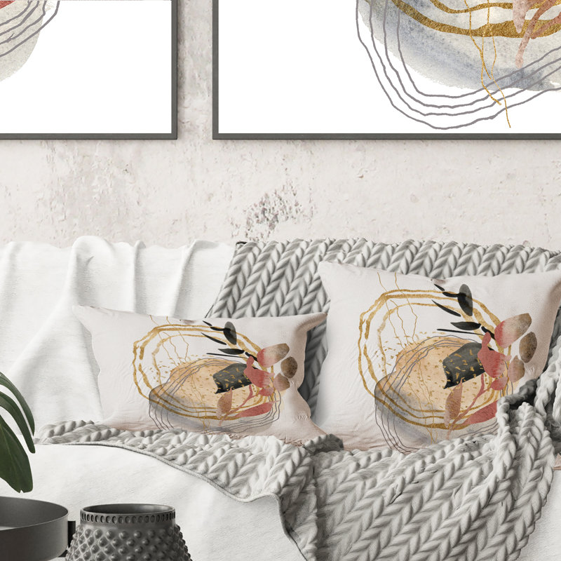 Bouquet de fleurs abstraites roses, contours dorés I - Coussin décoratif imprimé moderne, 18 po x 18 po
