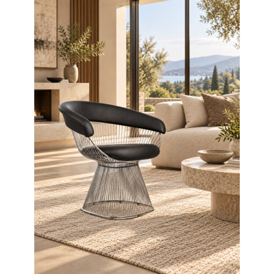 Pangea Home Fern Modern Black Faux Vegan Leather Accent Chair with Silver Metal Wire Base – Contemporary Armchair for Living Room or Dining Space