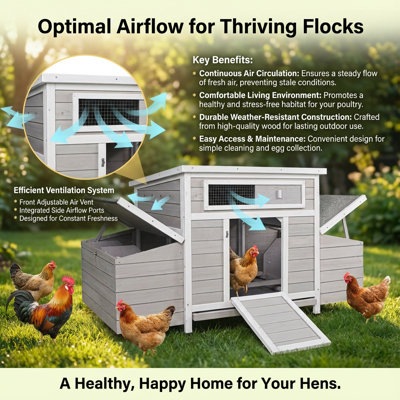 Large Wooden Chicken Coop With 2 Sides Nesting Boxes, Outdoor Hen House Poultry Cage For Backyard Chickens