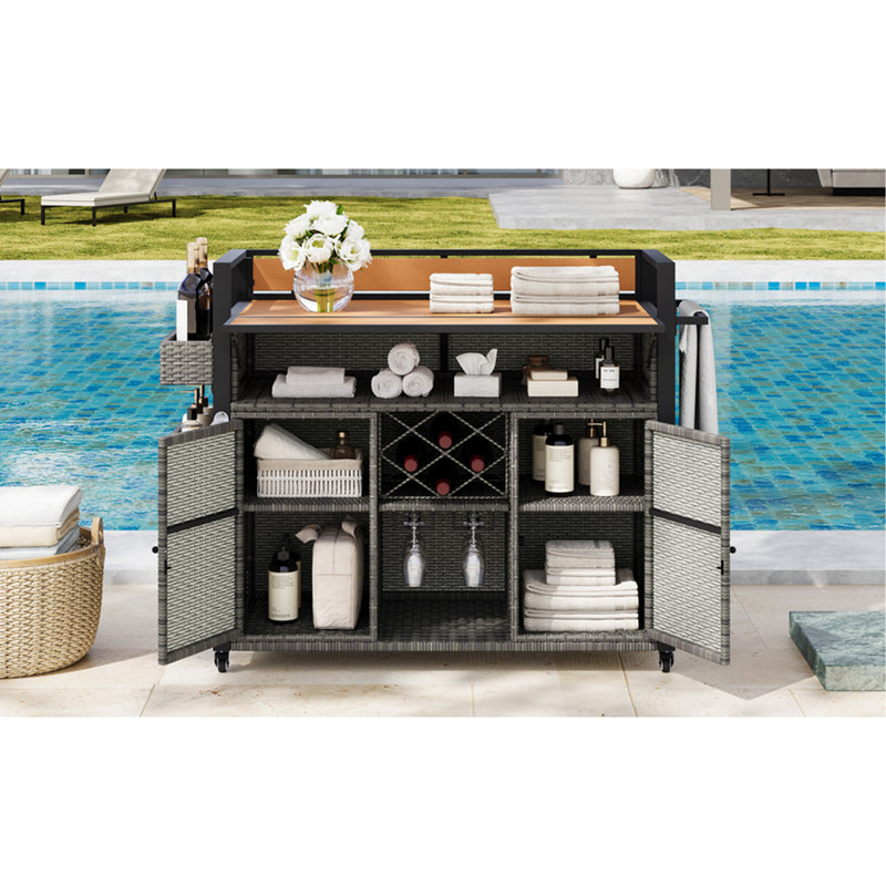 Chariot gril roulant extérieur gris avec cadre en acier, plateau de table allongé, conception pliable, plusieurs espaces de rangement, accessoires pour le vin - table en bois, rangement, épice, porte-verre, roues verrouillables,