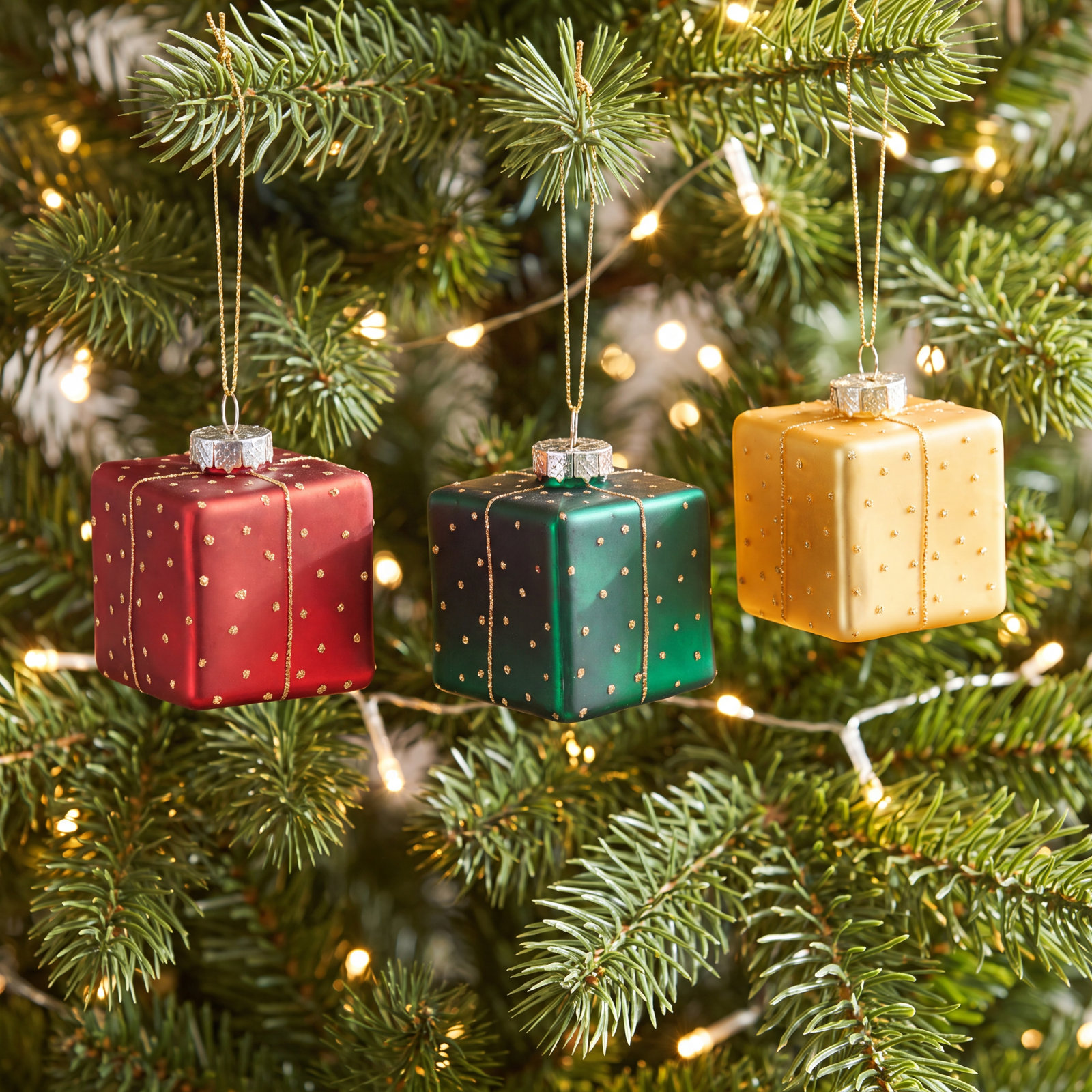 Glass Gift Box Holiday Ornaments, 12 Hanging Pieces (4 Sets of 3)