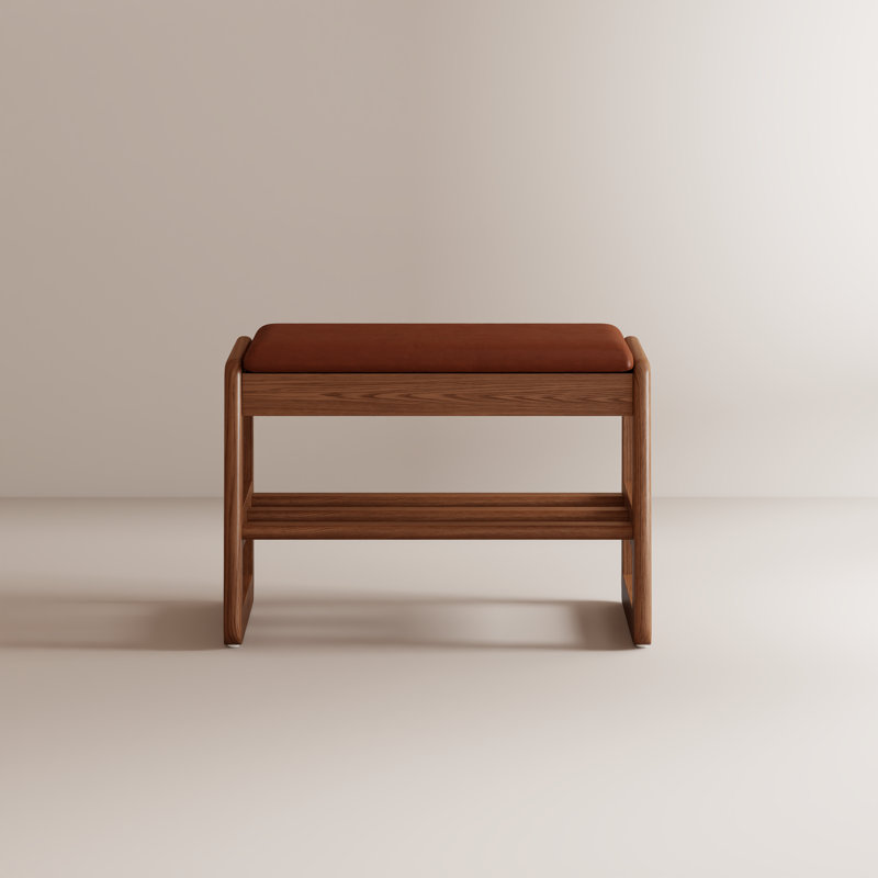 Solid wood shoe benches, leather or linen seat, double-tiered shelf design, flip-up storage, 23.6" W, Orange/Walnut Brown