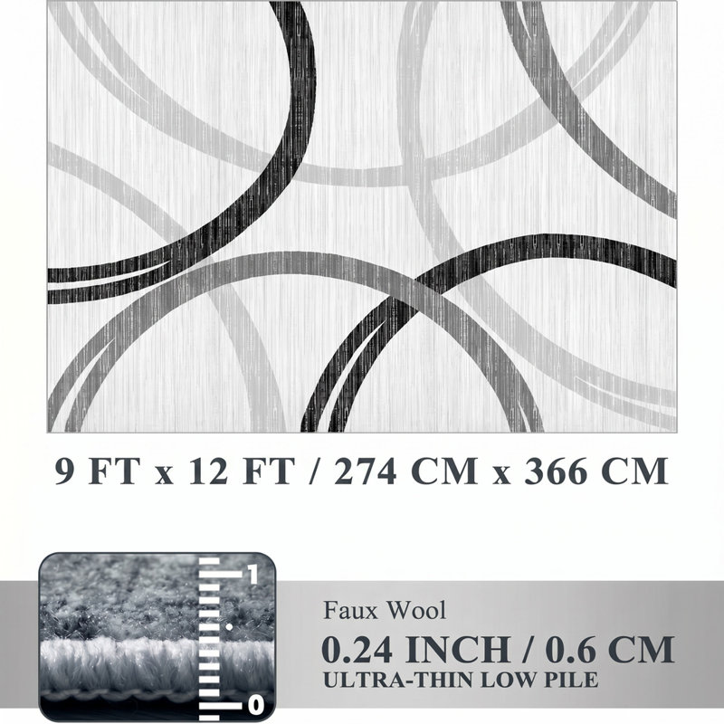 Tapis géométrique abstrait moderne lavable à la machine avec envers antidérapant, White, Rectangle 9'x12'