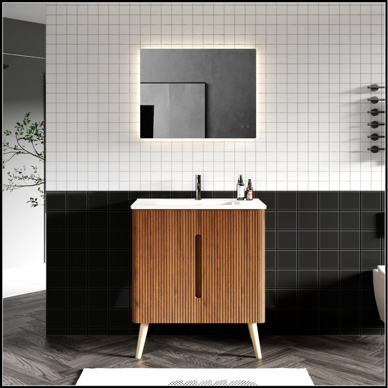 Meuble-lavabo autoportant en noyer rayé de 30 pouces avec lavabo, rangement spacieux et design élégant pour les salles de bain modernes