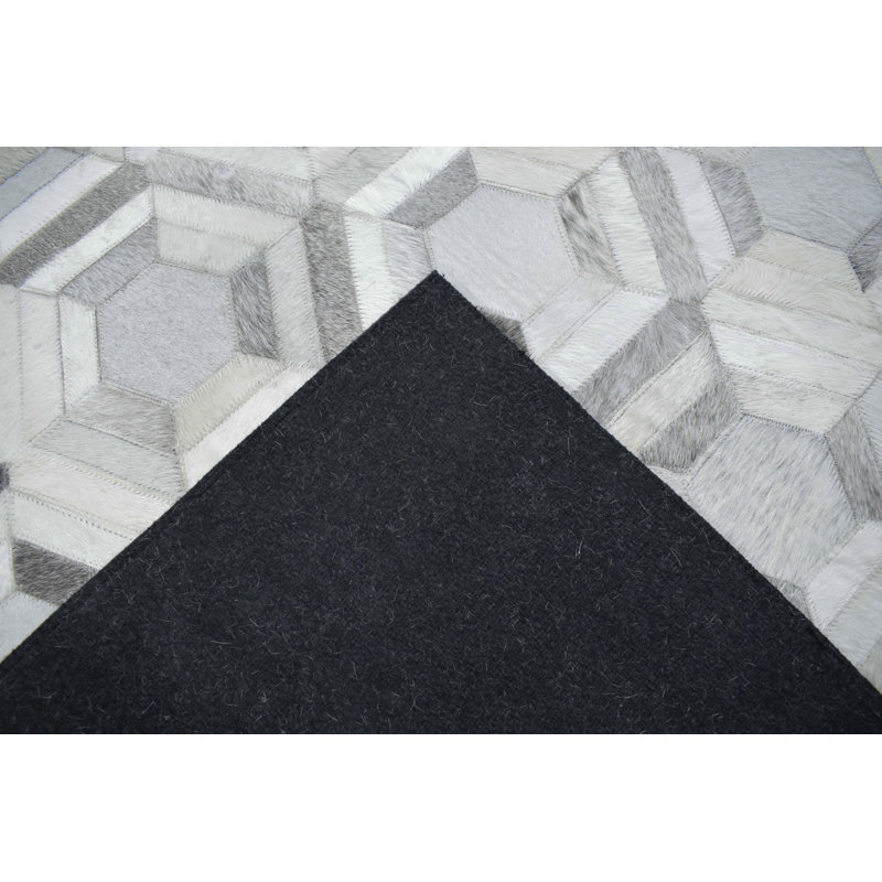 Tapis géométrique en cuir tissé à plat à la main Fredegaest blanc et gris, Rectangle 9 pi x 12 pi