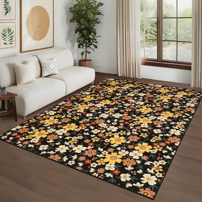 Large Modern Living Room Rug Washable Floral Print Accent Carpet With Rubber Backing, Stain-Resistant Farmhouse Floor Cover Low Pile Rugs