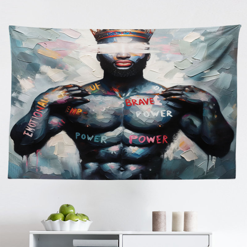 August Grove Artwork Wall Hanging Tapestry Black Man Brave Power Paint 28x23 Dark Blue Grey Multicolor, H 30 po x l 45 po