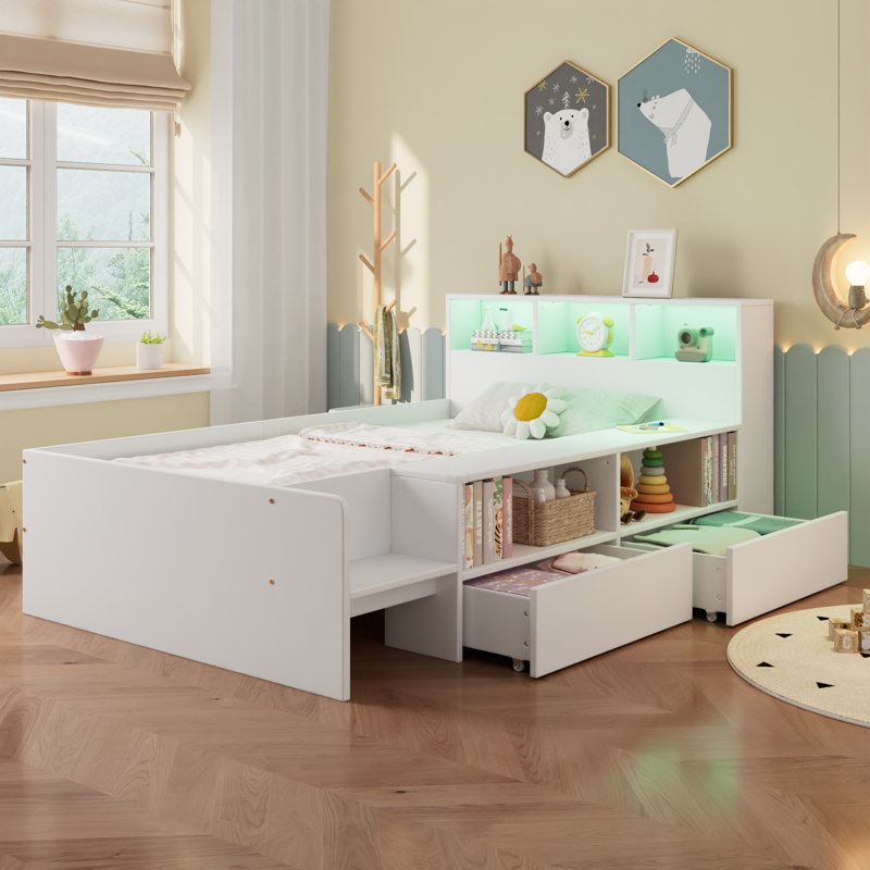  3ft Single Kids Wooden Bed Frame with LED Lights, 2 Rolling Storage Drawers & Hidden Compartments, Slatted Base, White