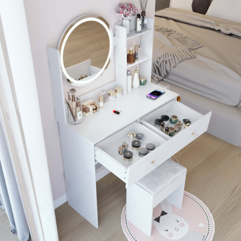 Table de coiffeuse ronde à miroir DEL + tabouret rembourré, équipé de 2 prises CA + 2 prises USB, grand miroir, interrupteur tactile, 3 couleurs, luminosité réglable, grand bureau, rangement multicouche de grande capacité