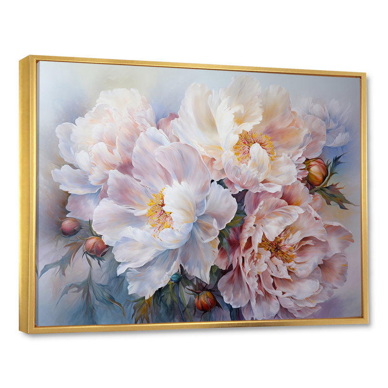 Reproduction d'art sur toile, pivoines roses et blanches, Cadre flottant doré, 30" H x 40" W