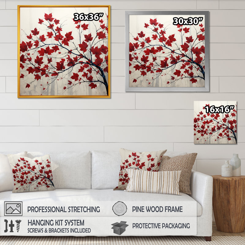 Red Leaves Scarlet Simplicity - feuilles, art mural encadré, Cadre doré simple, H 30 po x l 30 po x P 1 po