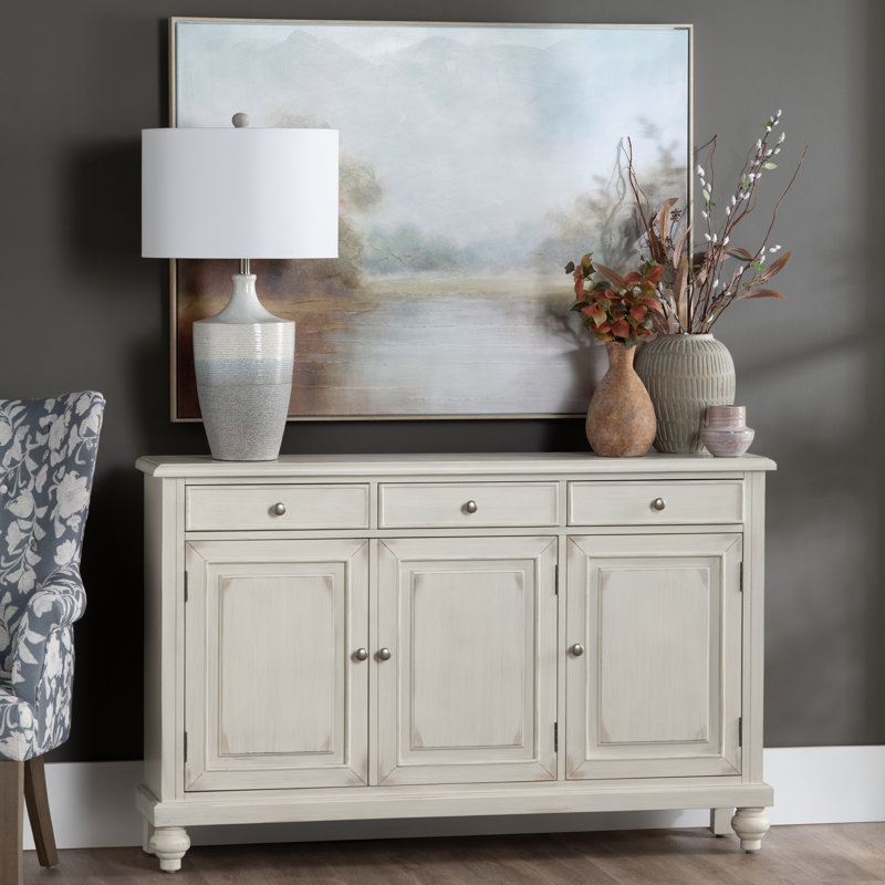 55.5 in. White Solid Wood 3 Drawer 3 Door Sideboard_Buffet Table, White