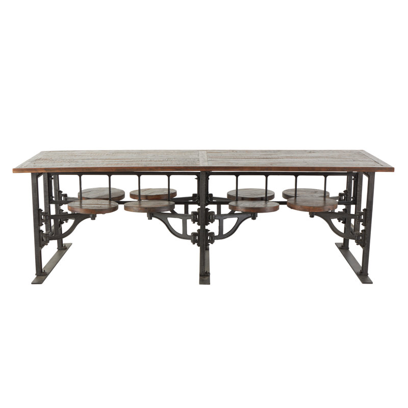 Table de salle à manger en bois de teck brun avec huit sièges attachés, 100 po x 42 po x 31 po, Noir, Brun foncé
