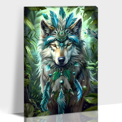 Adric Wolf Feather Headdress Poster Prints Turquoise Western Wall Decor, Tribal Indian Decor Canvas Art for Living Room Bedroom Office, Ready to Hang, 12×16 Inches