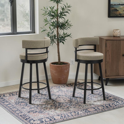 Scalera Beige Fabric Upholstered Black Metal Swivel Set Of 2 Barstool