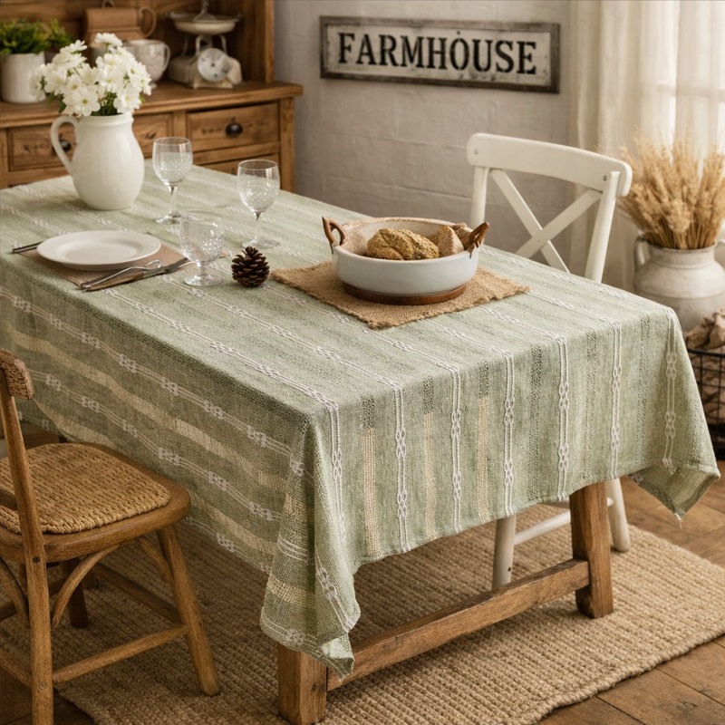 Farmhouse Green Jacquard Textured Woven Tablecloth, Rustic Country Decorative Dining Table Cover 56" X 56", Green