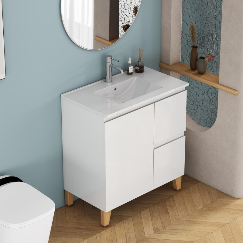 Meuble-lavabo moderne 31,5 po avec lavabo, design blanc brillant, parfait pour les petits espaces