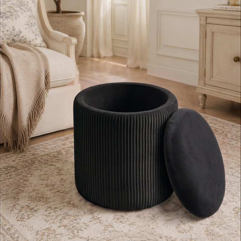 37.5cm Wide Velvet Cylinder Striped Standard Ottoman, Black