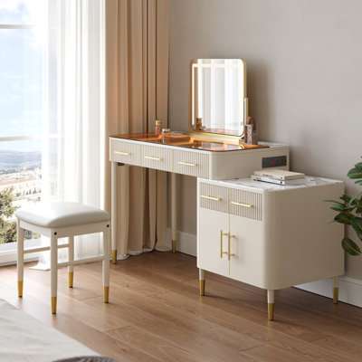 Ensemble coiffeuse et miroir en verre blanc