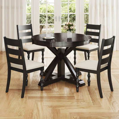 5-Piece 42'' To 54'' Round And Oval Extendable Mid-Century Rustic   Dining Set With Upholstered Ladder Back Chairs, Farmhouse Kitchen Table Set, Fit For 4 People